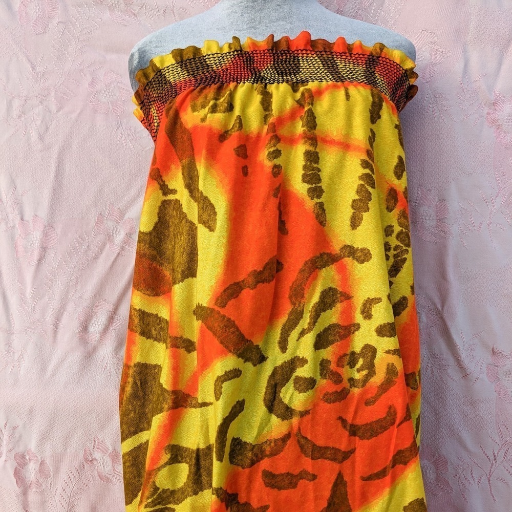 Vintage 70s Hawaiian Strapless Maxi Dress M ILGWU Neon Abstract Tiki Resort - Picture 7 of 15